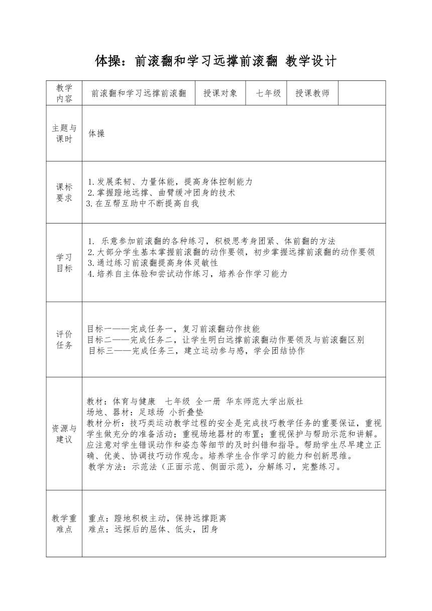 第七章 体操：前滚翻和学习远撑前滚翻 教学设计（表格式）