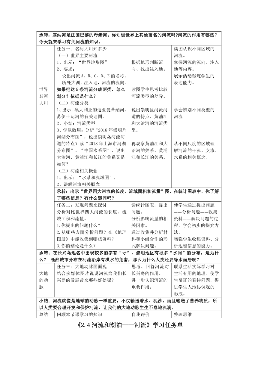 沪教版地理六年级下册 2.4 河流和湖泊 第一课时 河流 教案（表格式）