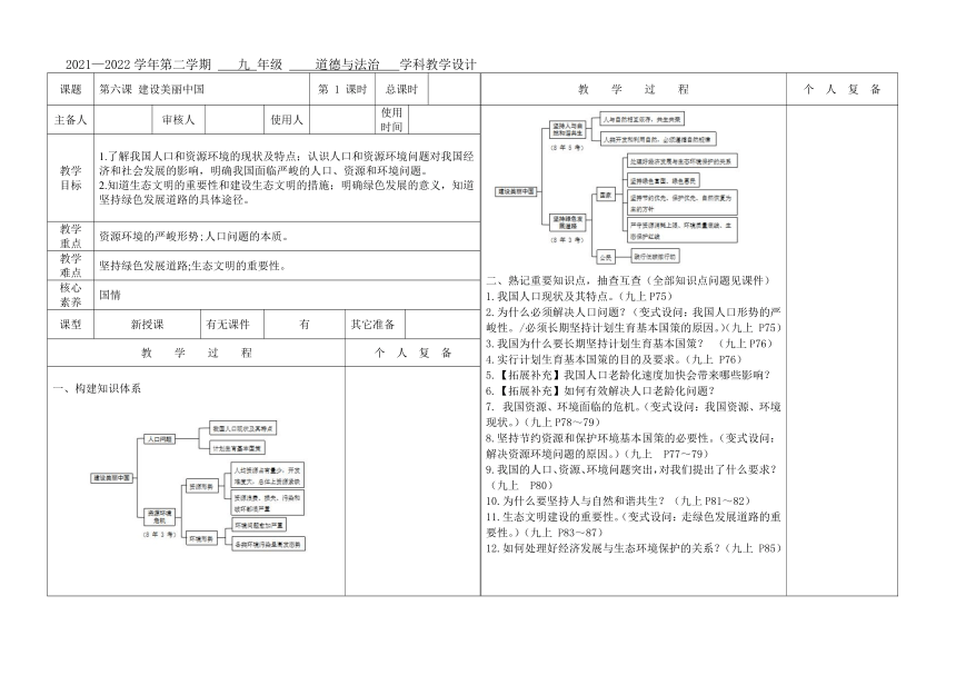 2022年中考道德与法治九年级上册第六课 建设美丽中国  复习课教案