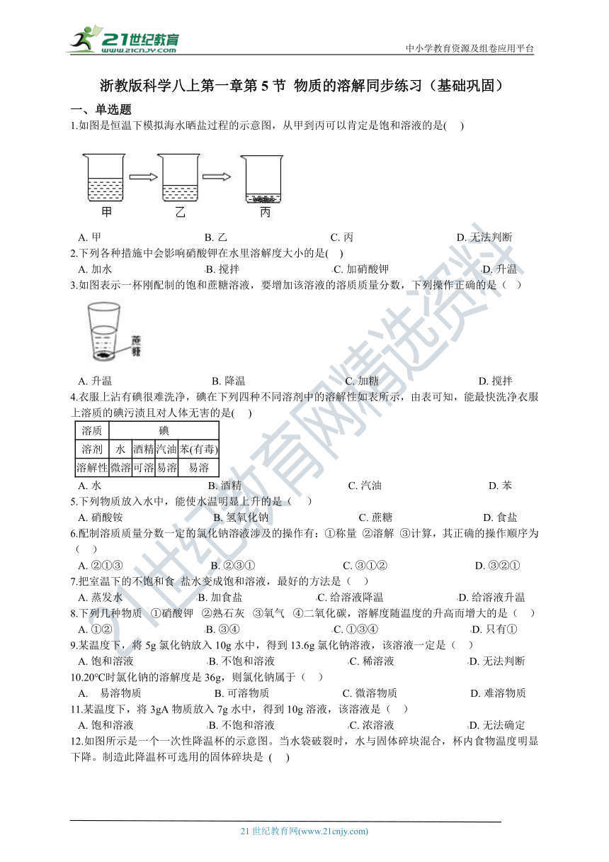 第一章第5节 物质的溶解同步练习 含解析（基础巩固）