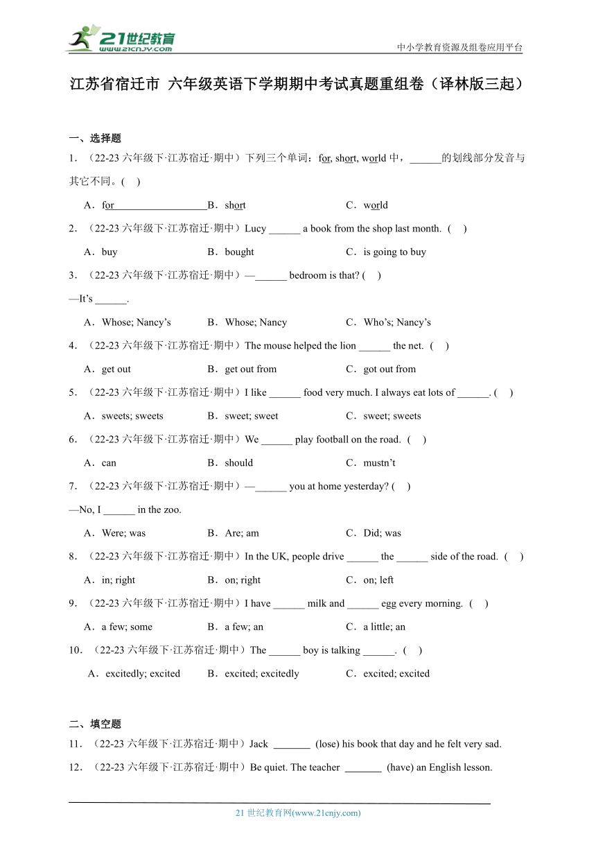 江苏省宿迁市 六年级英语下学期期中考试真题重组卷（译林版三起）（含解析）