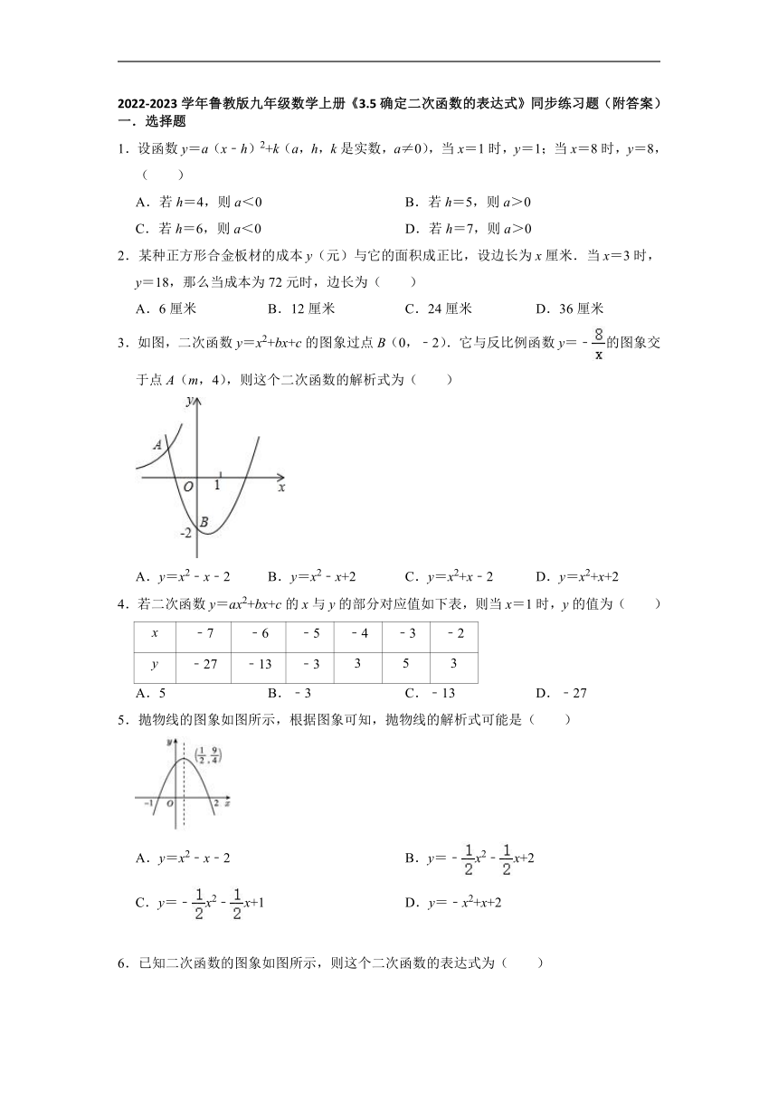 2022-2023学年鲁教版（五四制）九年级数学上册  3.5确定二次函数的表达式　同步练习题（word版含解析）