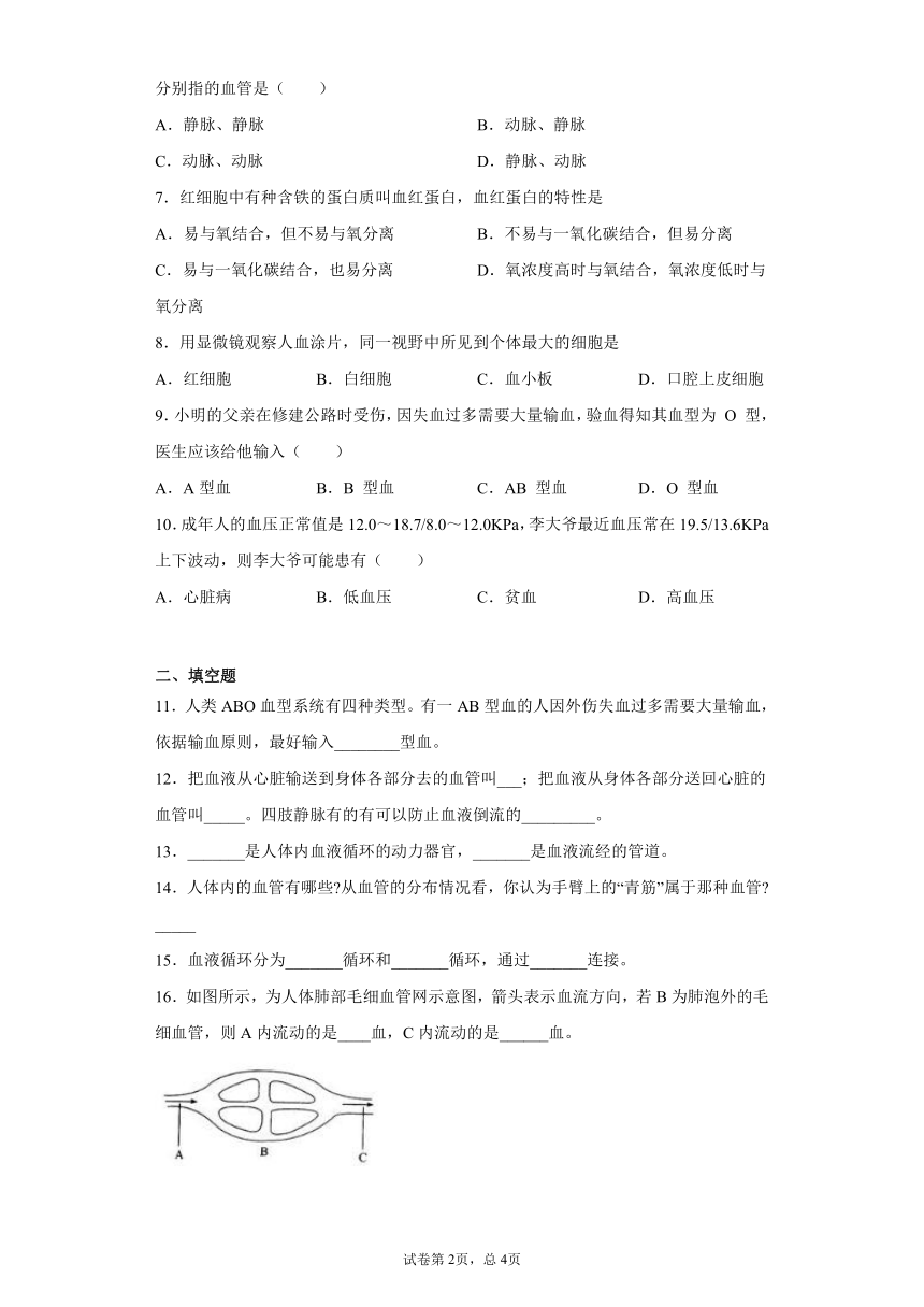 2020-2021学年 北师大版七年级下册第九章人体内的物质运输测试卷（Word版 含答案）