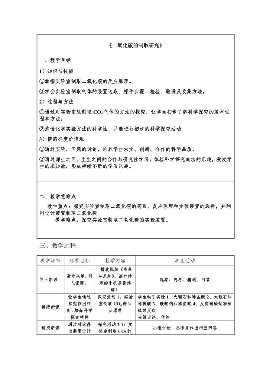 人教版（五四学制）化学八年级全册 第六单元  课题2   二氧化碳制取的研究  教案( 表格式)