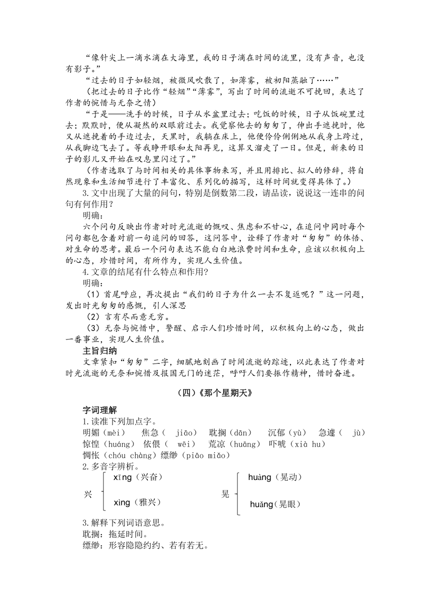 2020-2021学年六年级语文下学期期中考前复习 课内重点现代文篇目知识梳理（word版含答案）