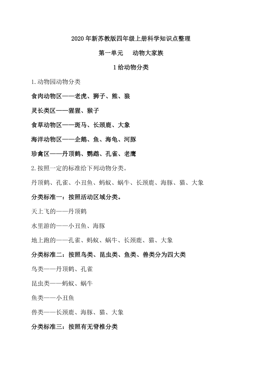 2020年新苏教版四年级上册科学第一单元《动物大家族》知识点整理