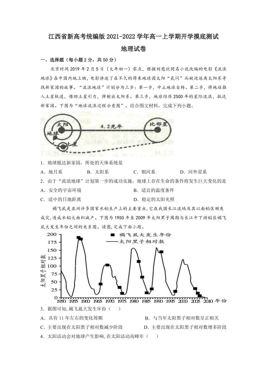 江西省新高考统编版2021-2022学年高一上学期开学摸底测试地理试题（Word版含答案）