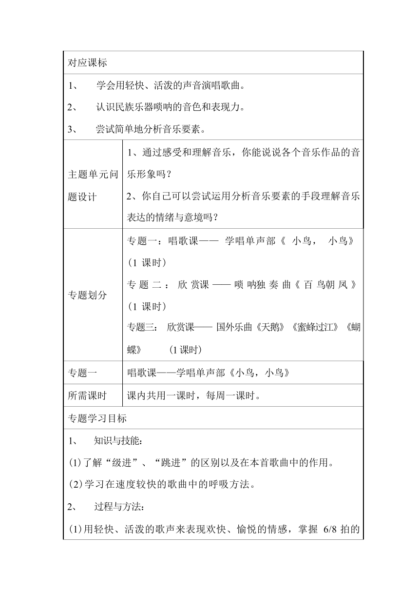 人教版音乐七年级下册第二单元《飞翔的翅膀》单元教学设计（第1课时，表格式）