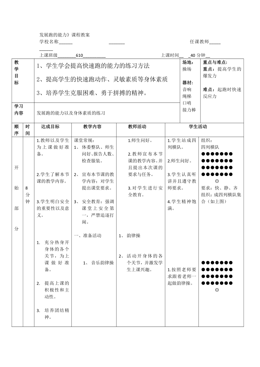 小学体育与健康 体育六年级上册 体育发展跑的能力 教案 （表格式）