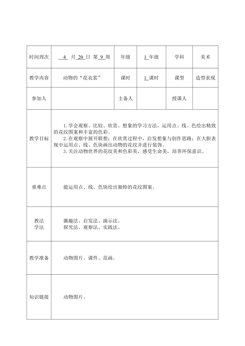 一年级下册美术教案-第11课 动物的花衣裳 岭南版