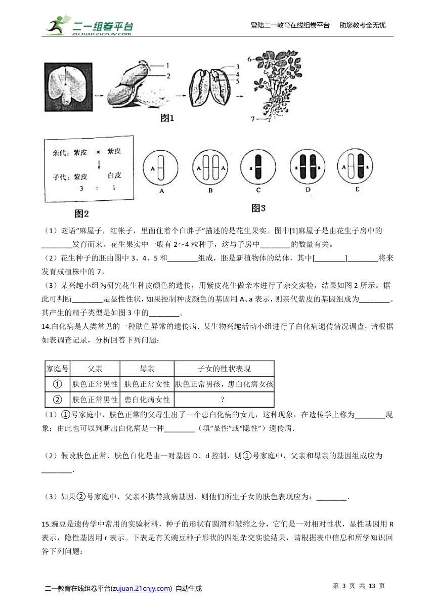 初中生物苏教版八年级下册8.22.2人的性状和遗传 同步练习（含解析）