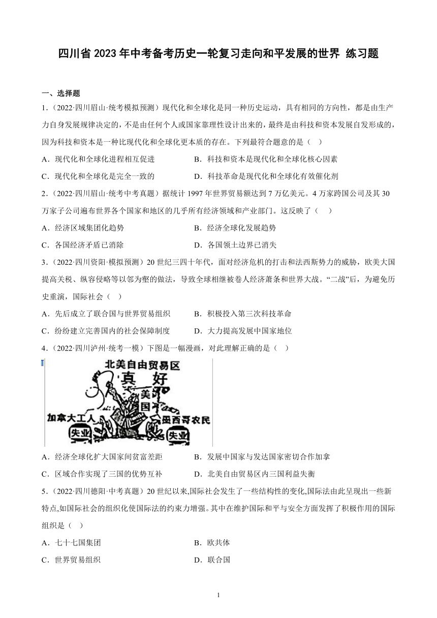 四川省2023年中考备考历史一轮复习走向和平发展的世界 练习题（含解析）