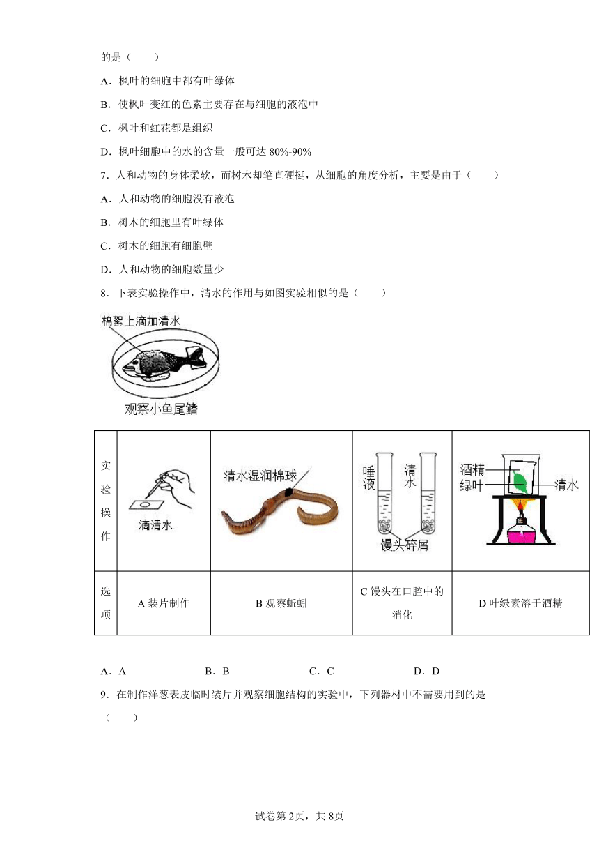 2022年浙江省中考科学专题练习：细胞（含答案）