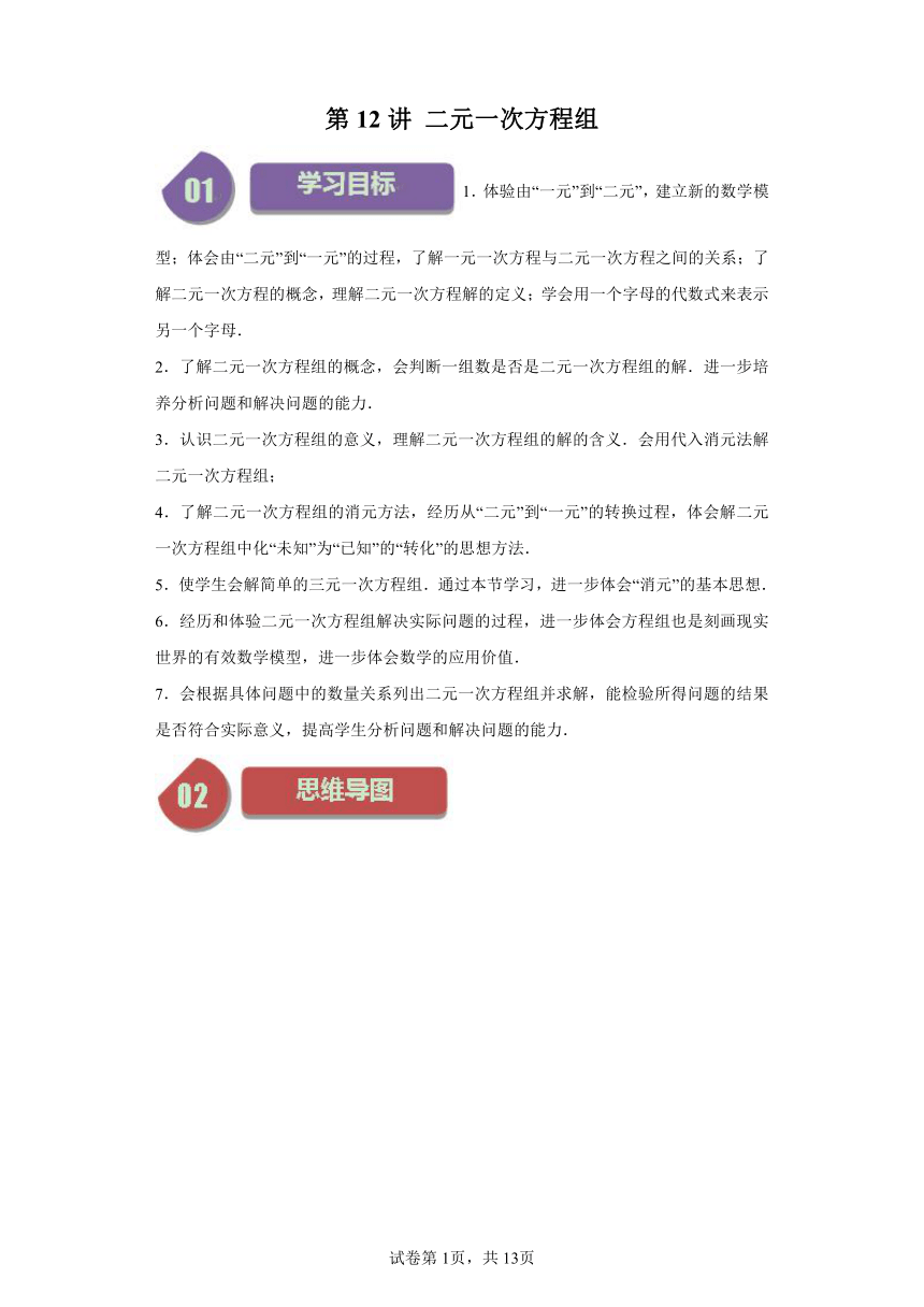 第10章第12讲二元一次方程组1 同步学与练 （含解析）2023-2024学年数学苏科版七年级下册