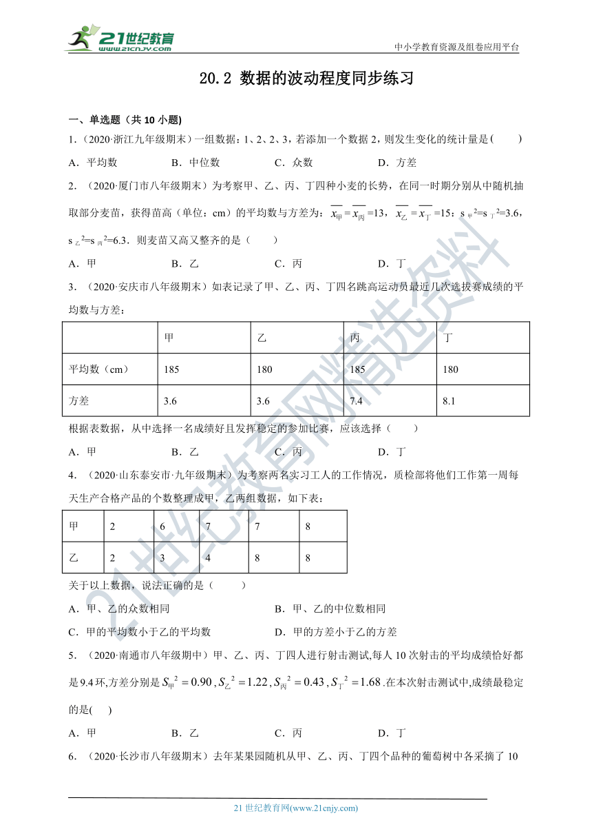 20.2 数据的波动程度同步练习（含答案）