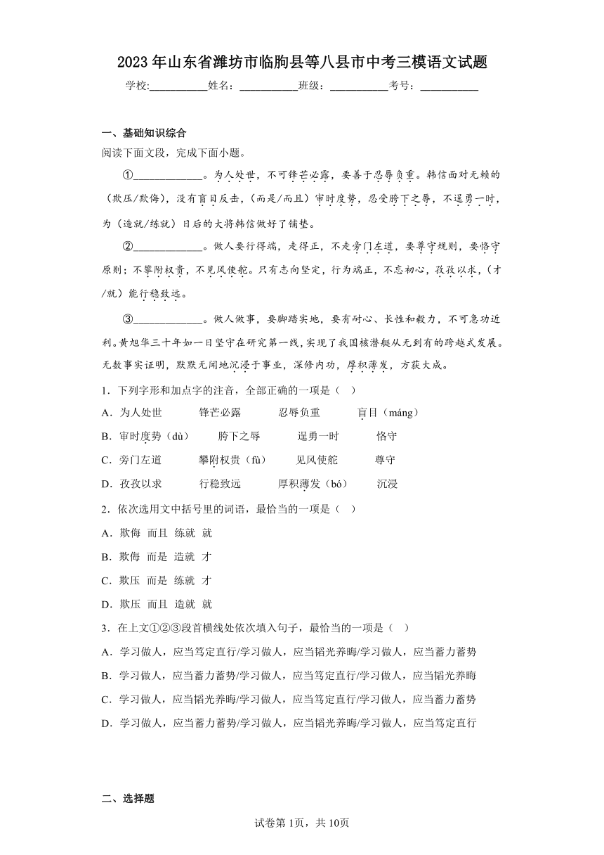 2023年山东省潍坊市临朐县等八县市中考三模语文试题（含解析）