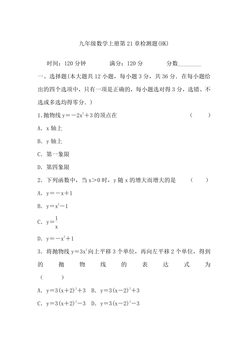 2021-2022学年沪教版九年级数学上册 第21章 二次函数与反比例函数检测题（word版含答案）