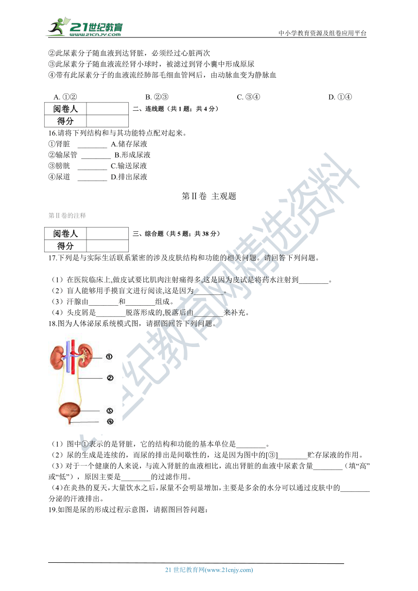 北京版2021初中生物七年级下册第七章生物的排泄 章末检测（含解析）