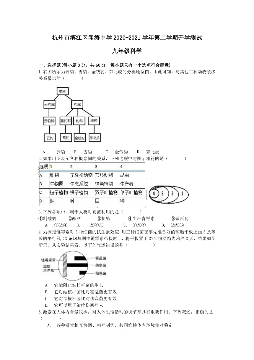 浙江省杭州市滨江区闻涛中学2020-2021学年第二学期九年级科学开学测试【word，含答案】