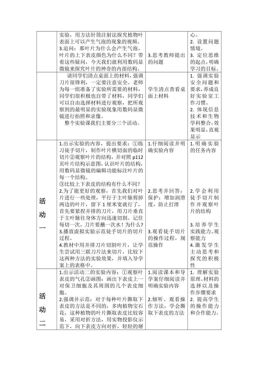 18.1绿色植物与生物圈的水循环：《观察叶片的结构和叶表皮的气孔》实验及拓展 教案（表格式）