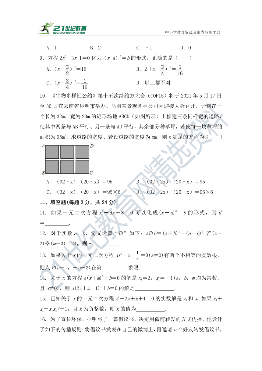 第二十一章《一元二次方程》单元 检测试题 2022--2023学年人教版九年级数学上册（有答案）