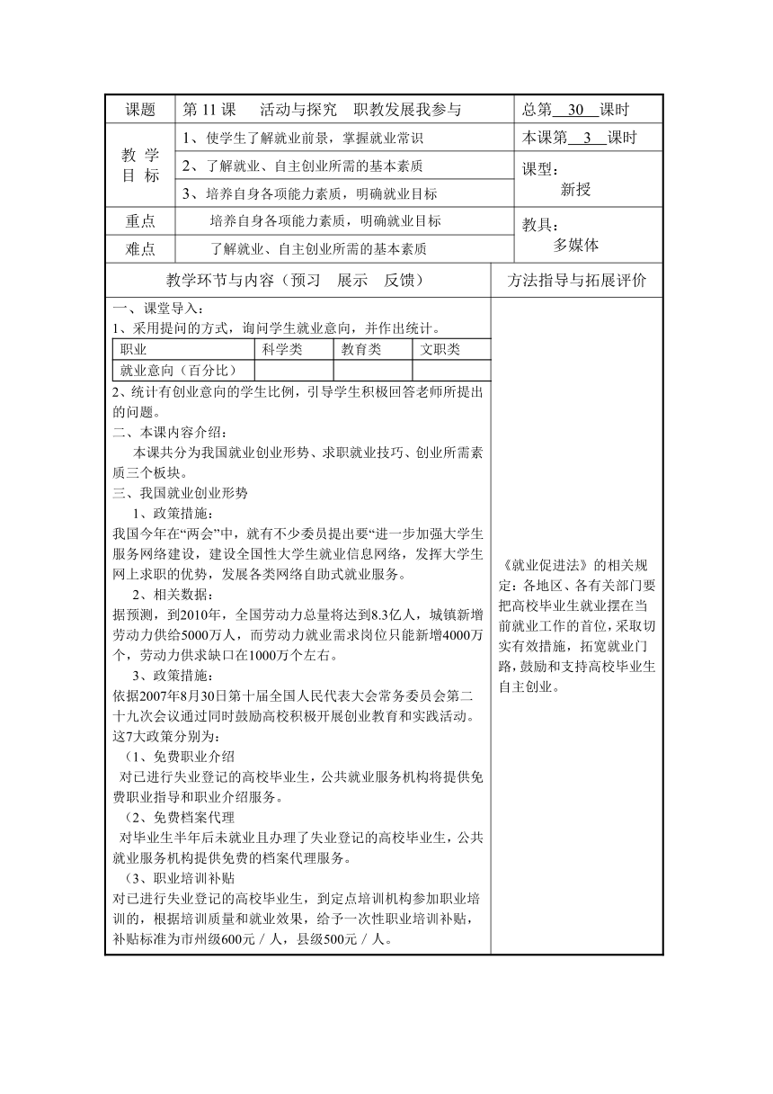 高中思想政治北师大版（中职）经济政治与社会第四单元 活动与探究：职教发展我参与 教案（表格式）