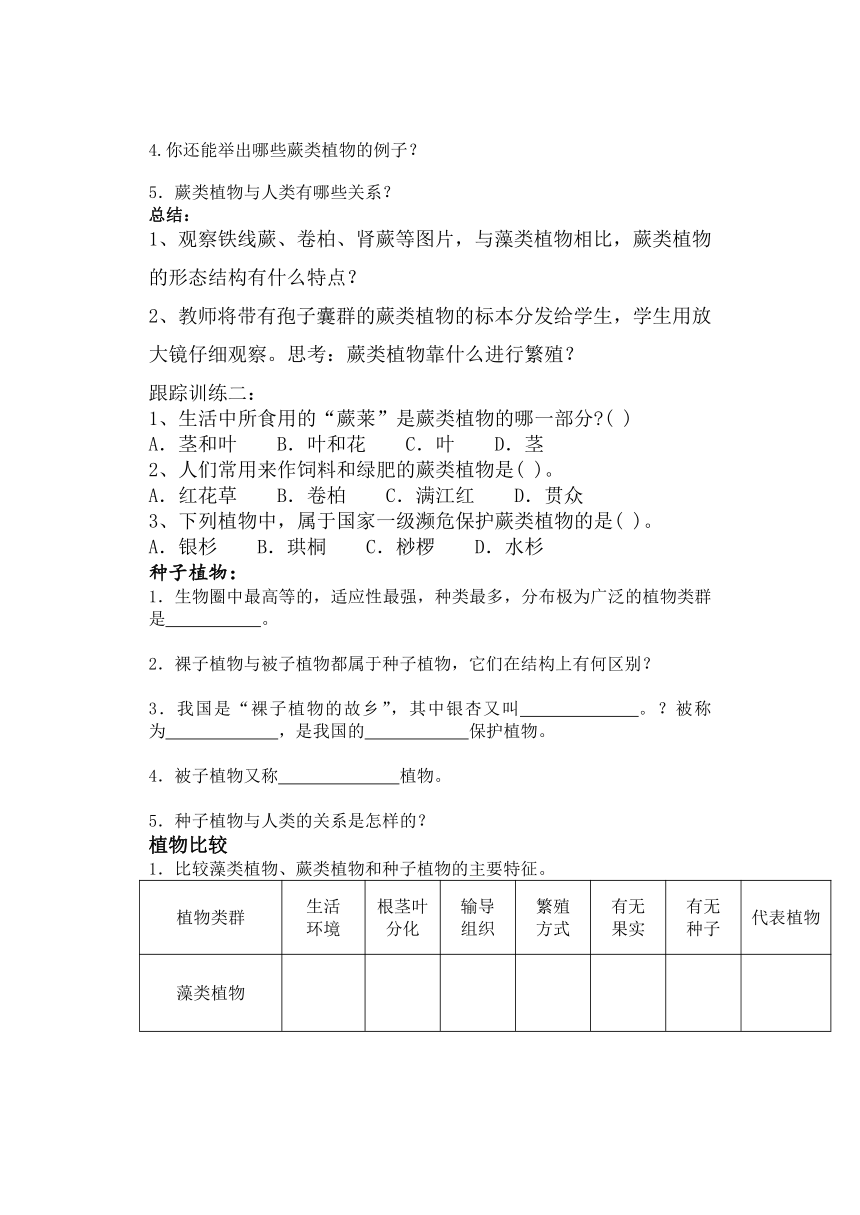 济南版生物七年级上册 2.1.1 绿色植物的主要类群 学案（无答案）