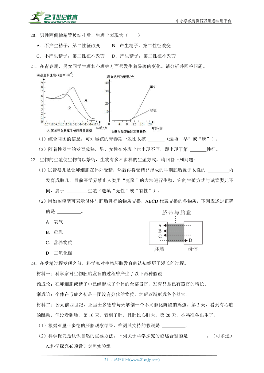 浙教版七下科学期中专题01 新生命的诞生与走向成熟（含答案）