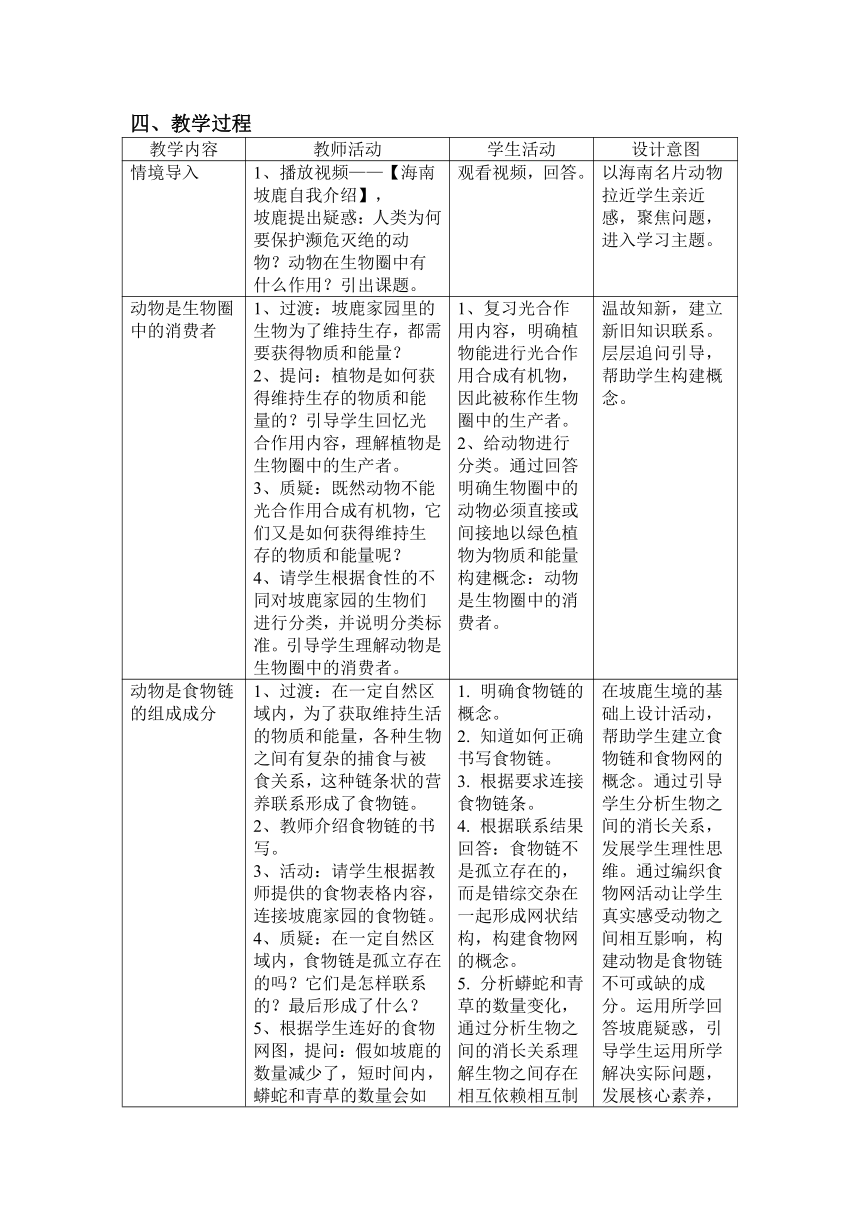 北师大版八年级上册生物教学设计（表格式） 5.17.1 动物在生物圈中的作用