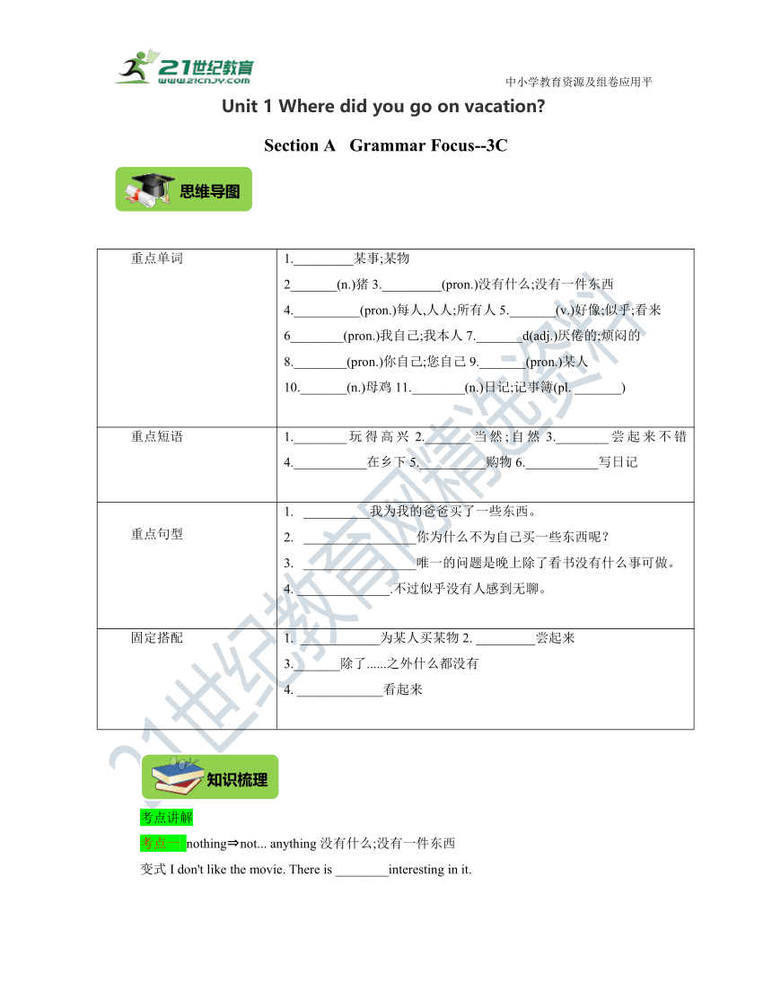 Unit 1 Where did you go on vacation? Section A Grammar--3C 思维导图+知识点梳理+过关练习