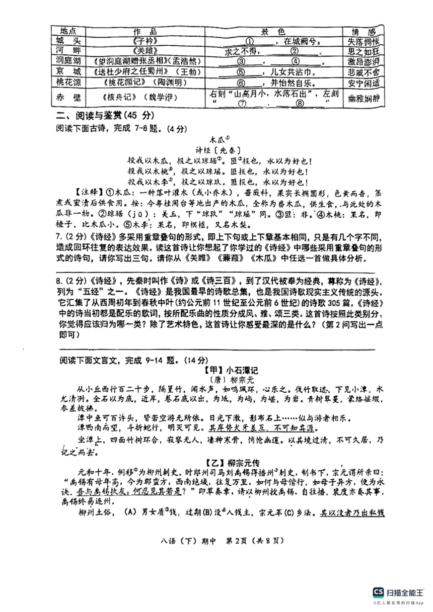 湖北省孝感市汉川市2023-2024学年八年级下学期期中语文试题（扫描版，无答案）