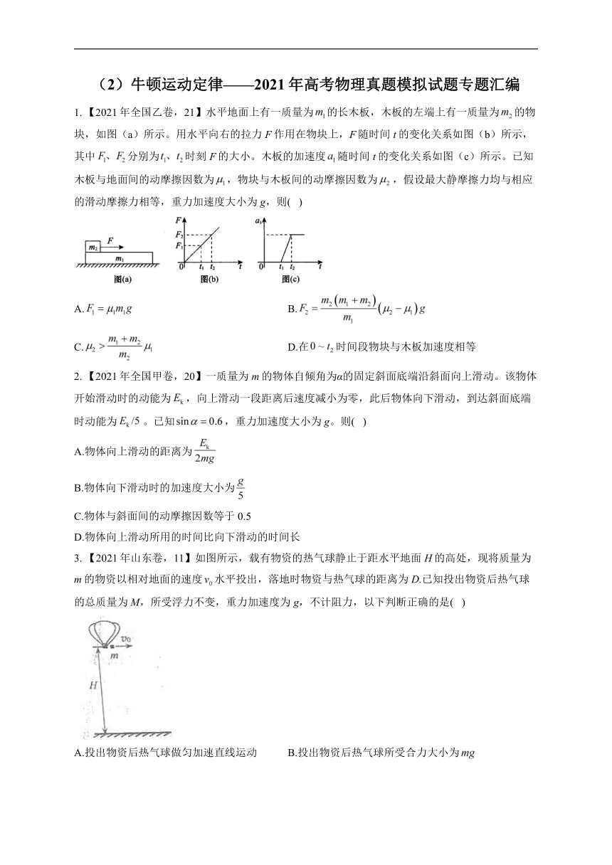（2）牛顿运动定律__2021年高考物理真题模拟试题专题汇编（有解析）