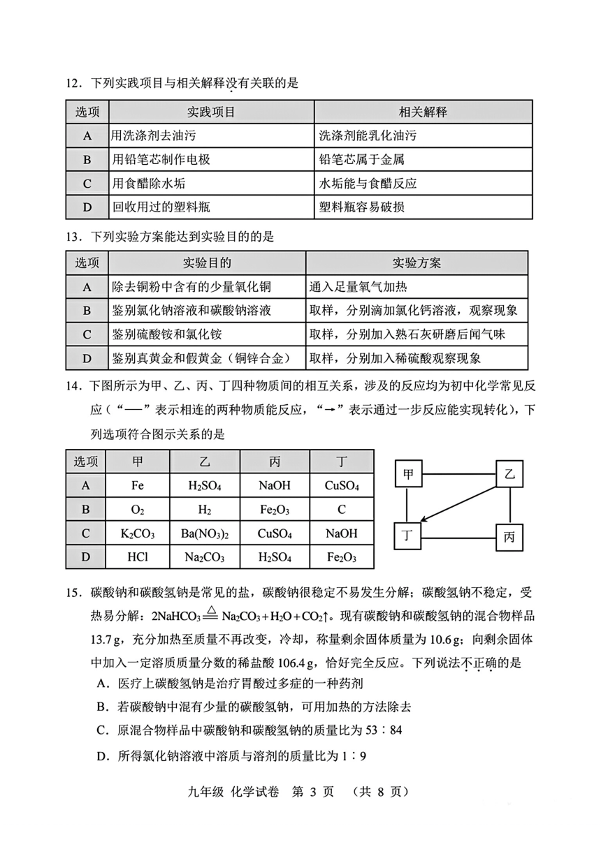 2024年天津市河北区中考一模化学试卷（PDF版 含答案）