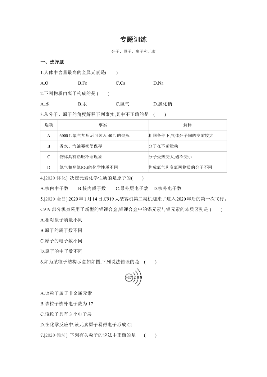 沪教版（全国）化学九年级上册课课练：专题训练  分子、原子、离子和元素（word版有答案）