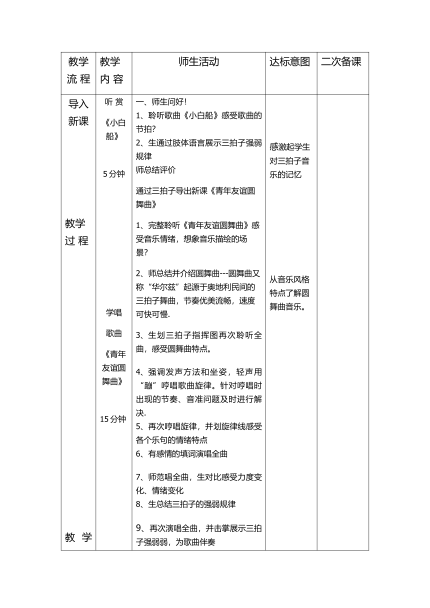 人音版七上 第二单元 缤纷舞曲-青年友谊圆舞曲 教案（表格式）