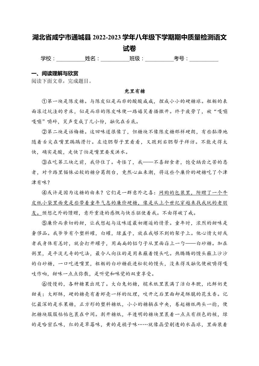 湖北省咸宁市通城县2022-2023学年八年级下学期期中质量检测语文试卷(含答案)