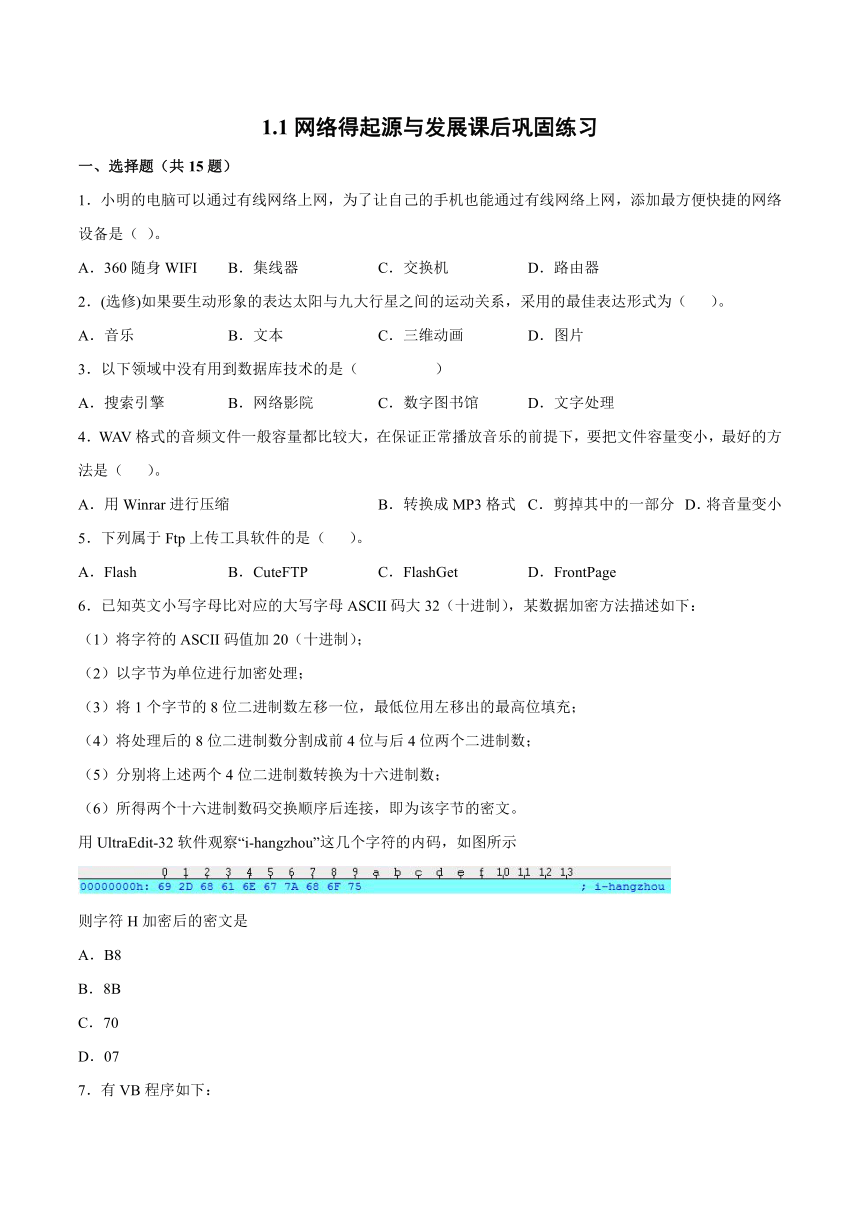 1.1网络得起源与发展课后巩固练习（word版 含答案）高二信息技术浙教版（2019）选修2网络基础