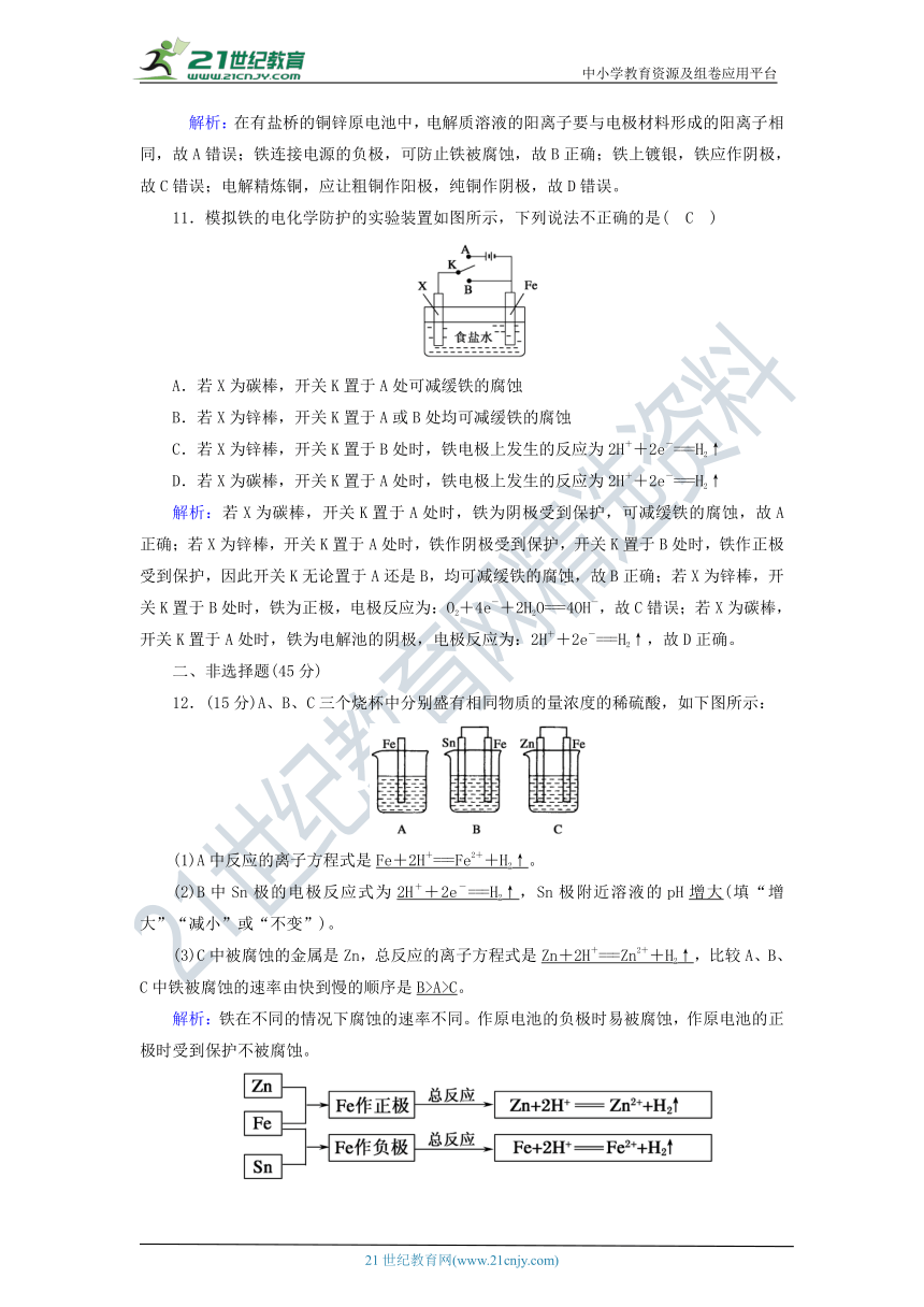 高中化学选修四4金属的电化学腐蚀与防护 课时作业（含解析）