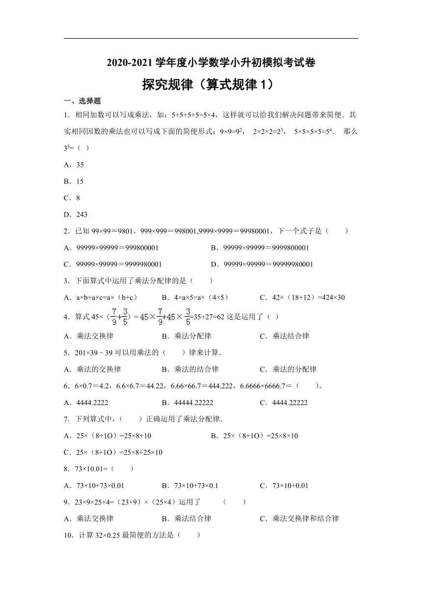 六年级下册数学 2020-2021学年度小学数学算式规律专项考试卷（算式规律1） 人教版（无答案）