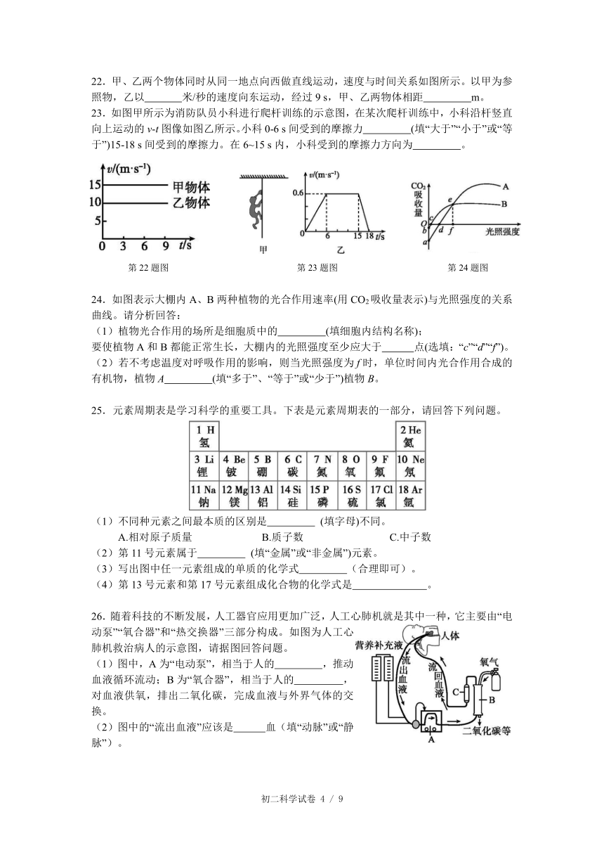 浙江省宁波市宁波七中教育集团2021学年第一学期初二科学期末测试试题卷（word版 含答案）