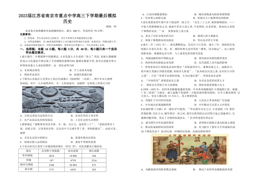 2023届江苏省南京市重点中学高三下学期最后模拟历史试题（Word版含答案）