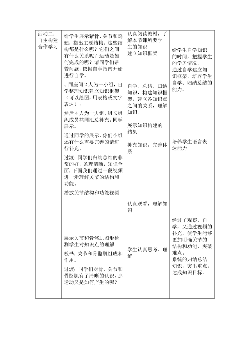 鲁科版（五四学制）生物八年级上册 7.2.1 动物的运动 教案