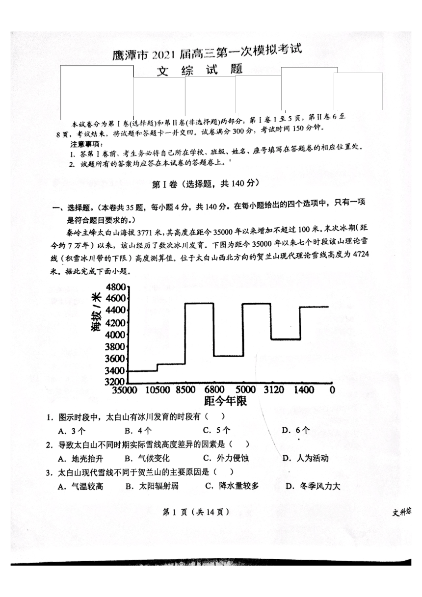 江西省鹰潭市2021届高三下学期3月第一次模拟考试文科综合地理试题 图片版含答案