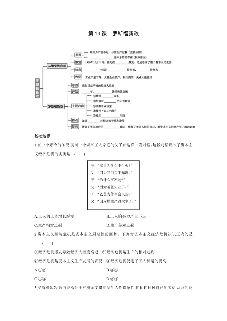 部编版历史九年级下册课时练习：第四单元 第13课 罗斯福新政（含答案）