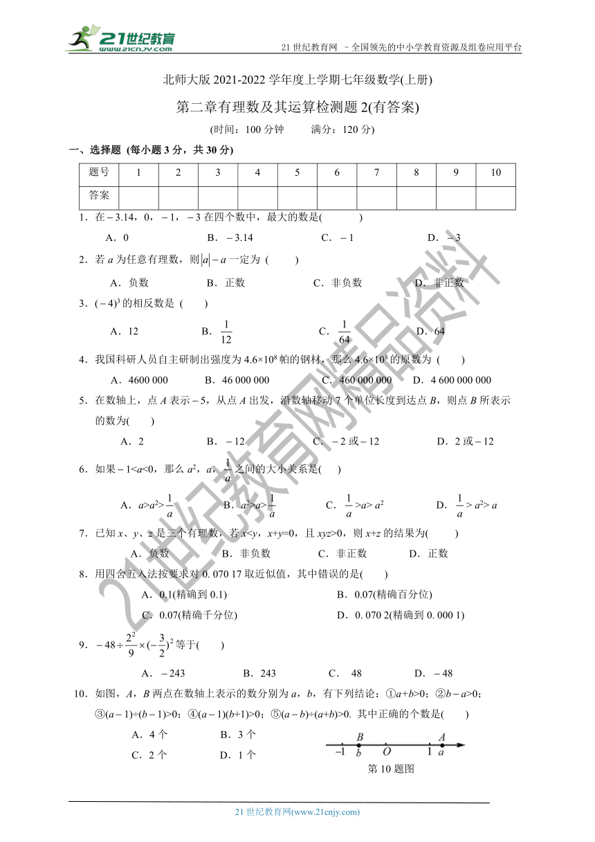 第2章 有理数及其运算单元检测题2(含答案）