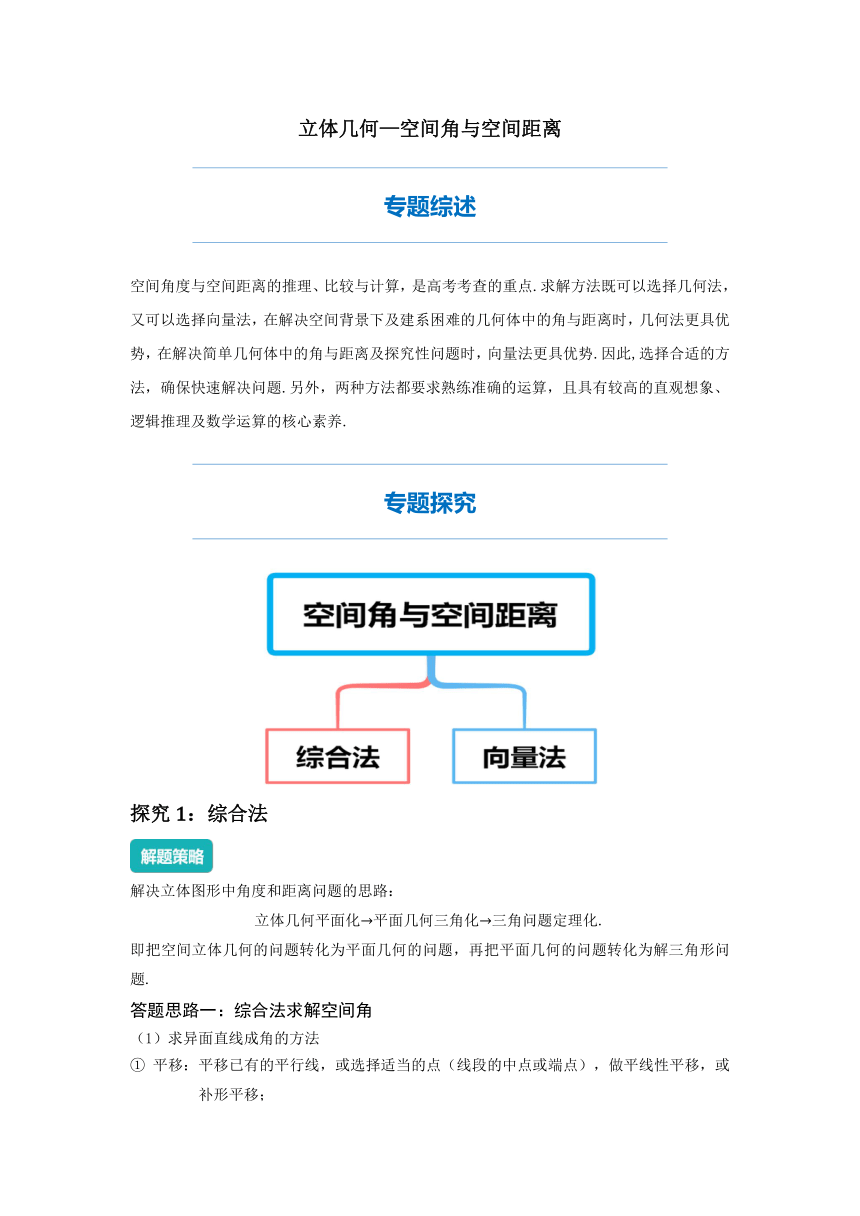 2022年高三数学二轮专题复习：空间角与空间距离 讲义（Word版含解析）