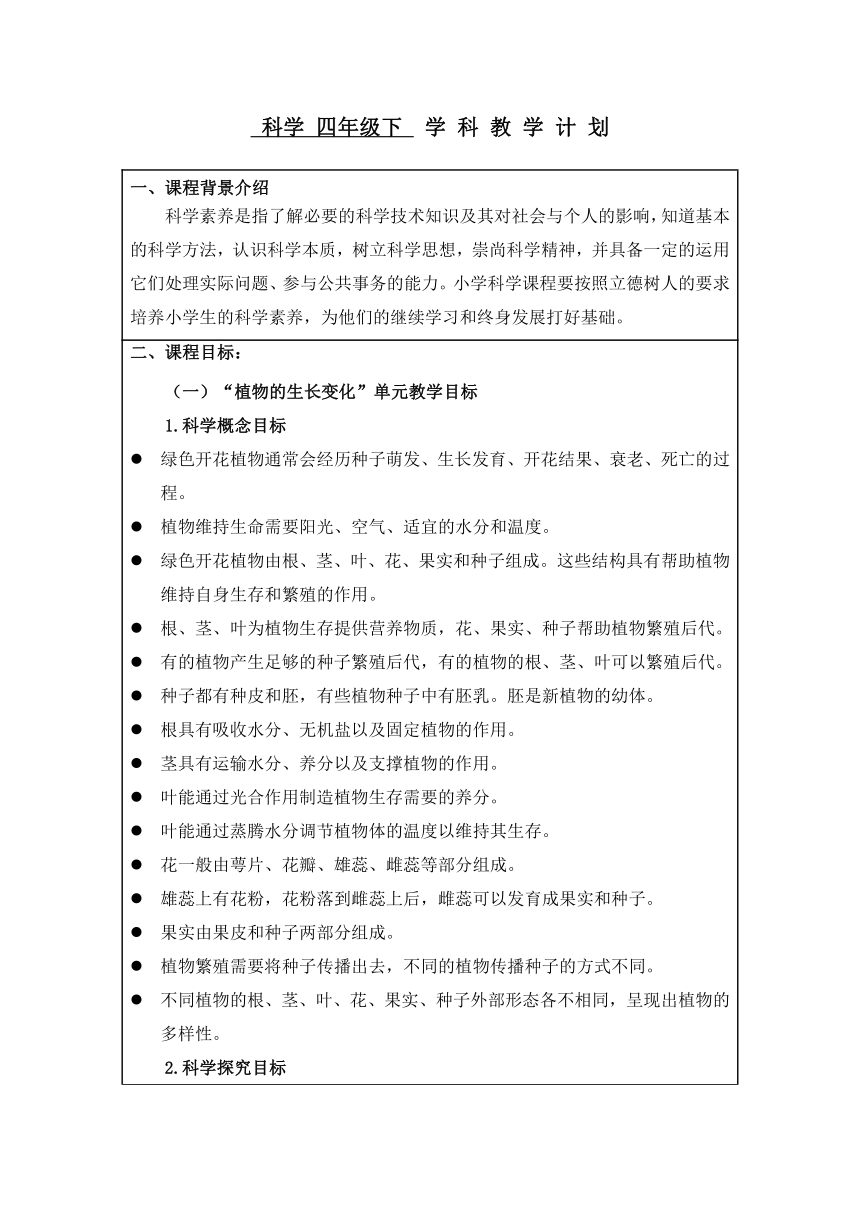 2020-2021学年第二学期教科版科学四年级下册教学计划