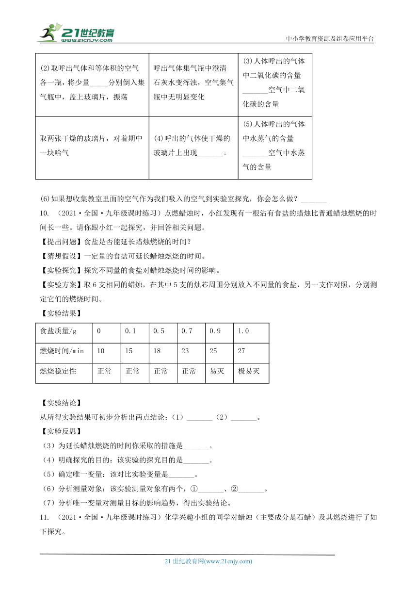 2022-2023学年九年级化学全一册同步课时分层训练（人教版）1.2化学是一门以实验为基础的科学（实验探究类） （含答案）