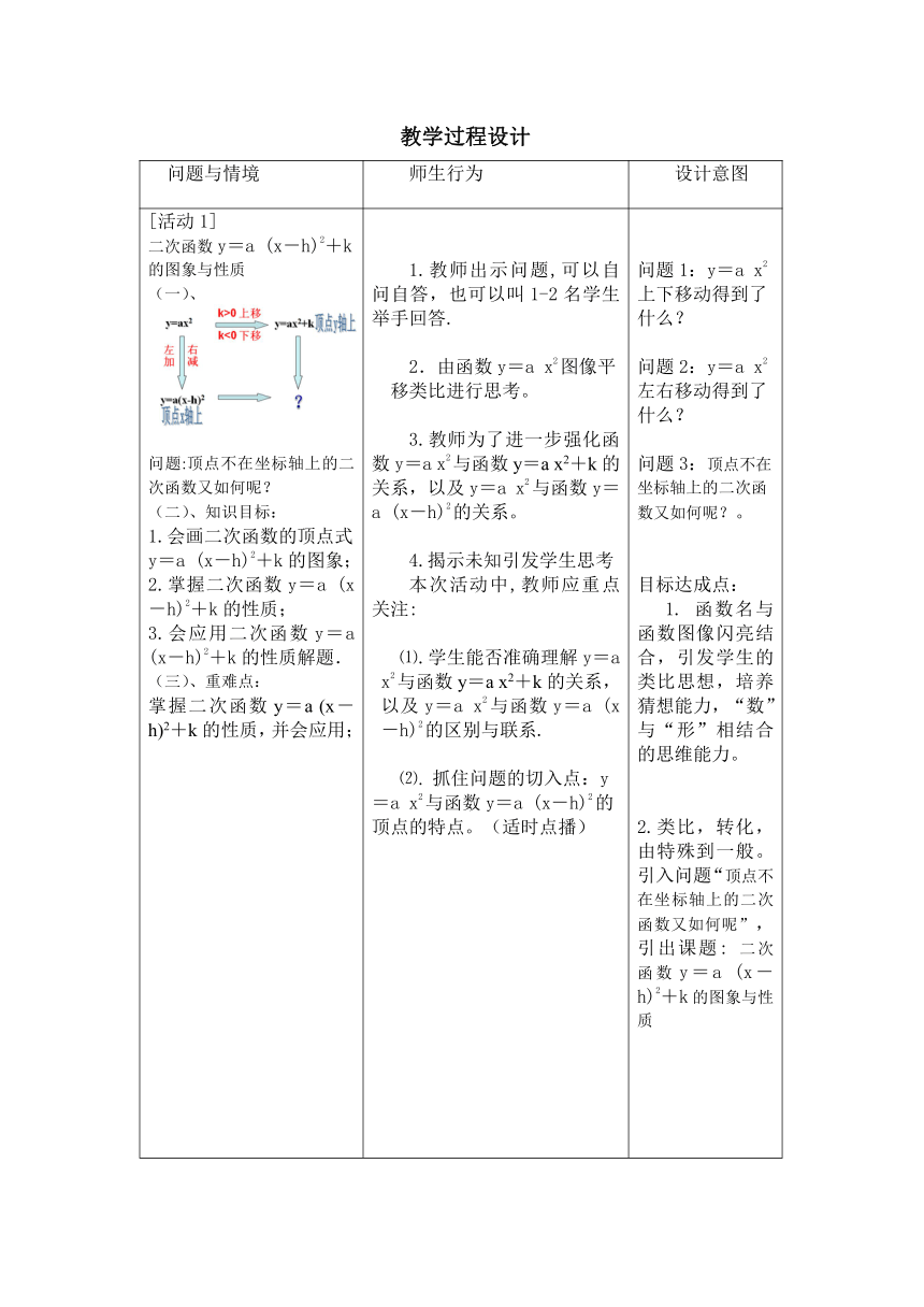人教版数学九年级上册22.1.3二次函数y=a(x-h)2+k的图像和性质教学设计