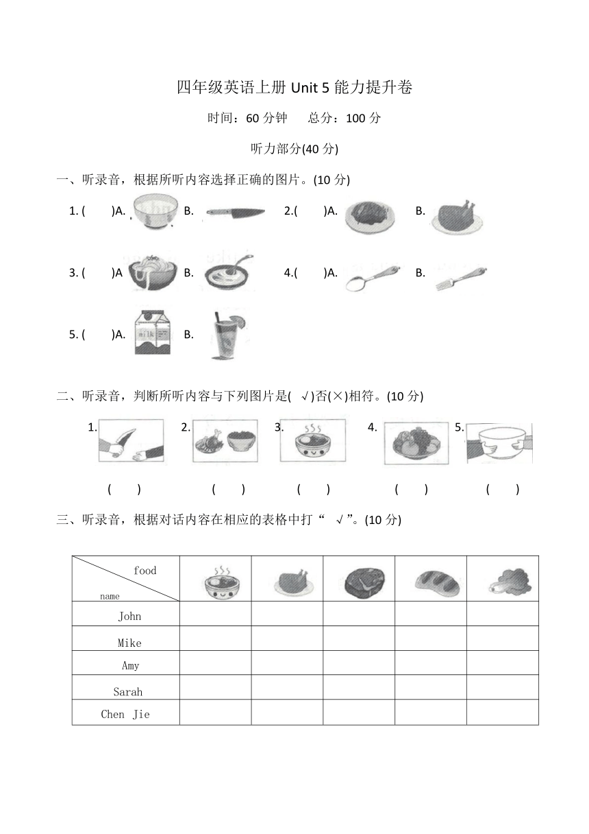 Unit 5 Dinner is ready 能力提升卷（含答案及听力材料，无音频）